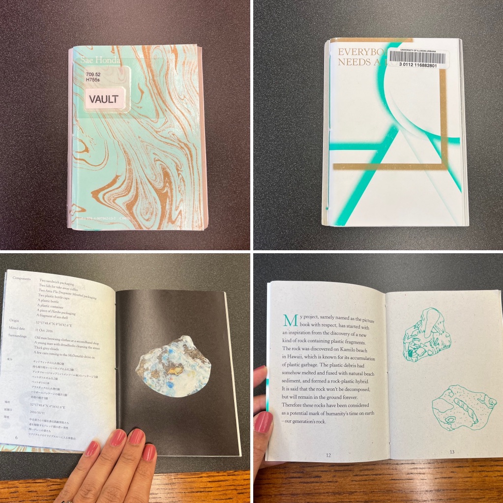 Four pictures stitched together. The first is a small book with a teal and gold marble cover, the second is the same book's back cover which is mostly white with teal and gold lines. The third picture is a page inside the book with text on the left and a picture of a small rock on the right. The last picture is another page of the same book with text on the left and two sketches of rocks on the right.