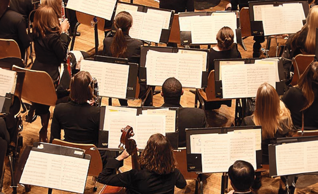 A group of individuals are seated with music stands before them, each holding a stringed instrument. They appear to be part of an orchestra, dressed in formal black attire. The setting is a wooden stage with a curtain.
