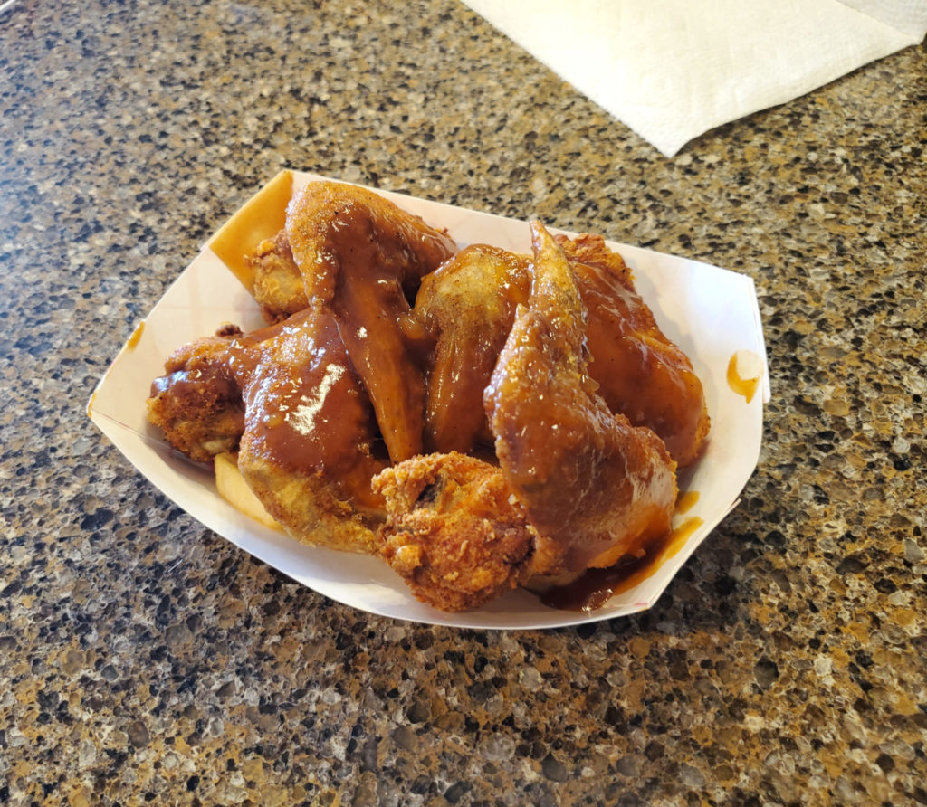 An overhead photo of the wings at Wood N Hog