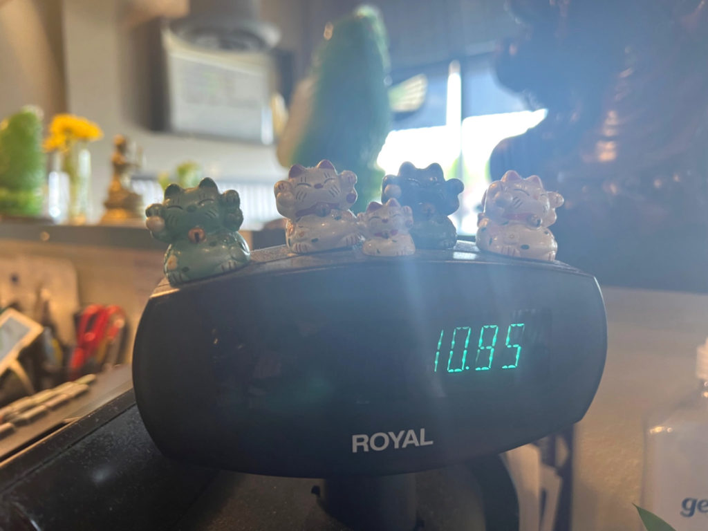 A register reads 10.85 and five lucky cats with closed eyes are on top of the total.
