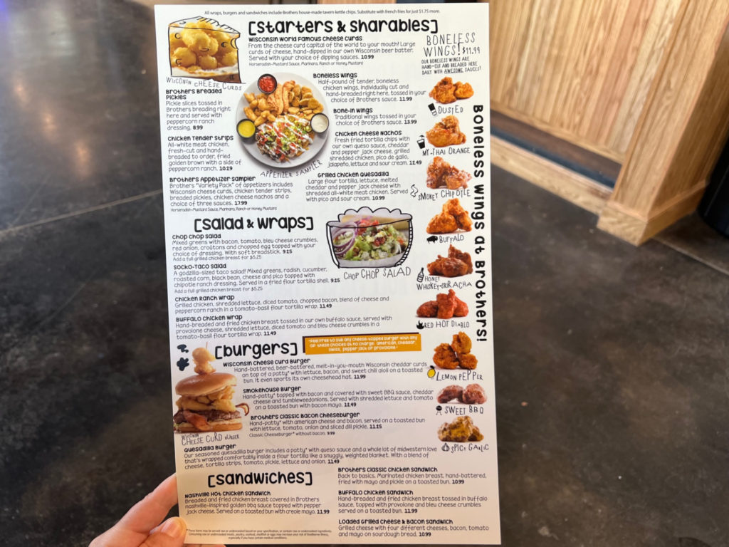 The new menu for Brothers in Champaign.