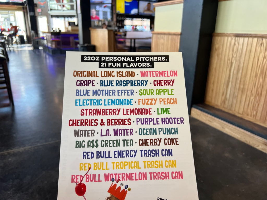 A menu of personal pitchers and the flavors available in Champaign.