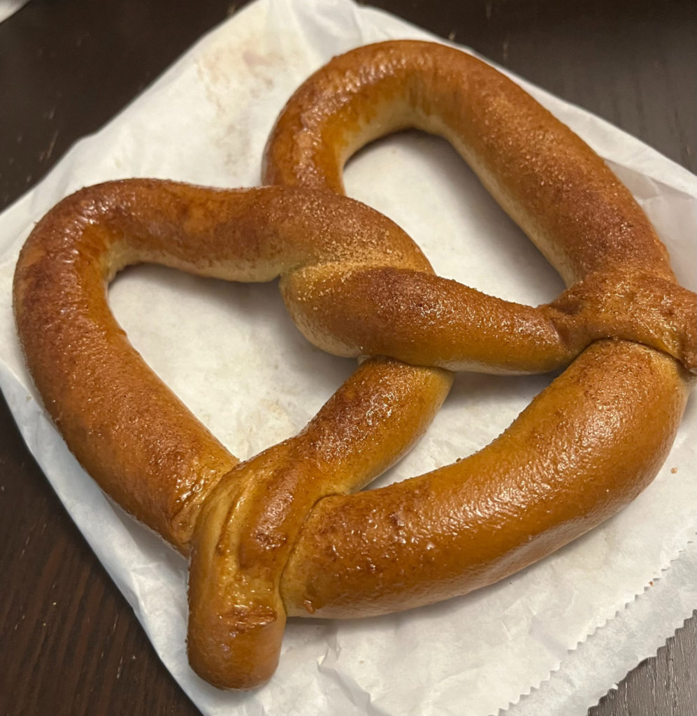 A cinnamon-sugar pretzel