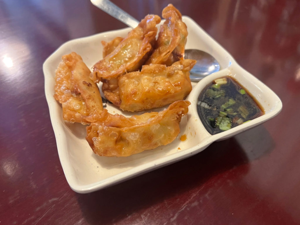 Five fried dumpkings are on a small plate with a side compartment of soy sauce with chopped green onions.