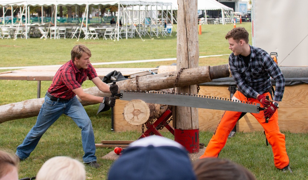 Two white men hold a long saw and work together to saw through a giant log. One wears a flannel shirt and bright orange pants and another wears jeans and a red t-shirt.