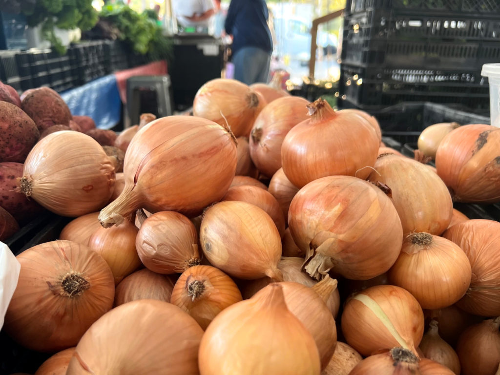 A bunch of sweet onions for sale at the Urbana Market at the Square