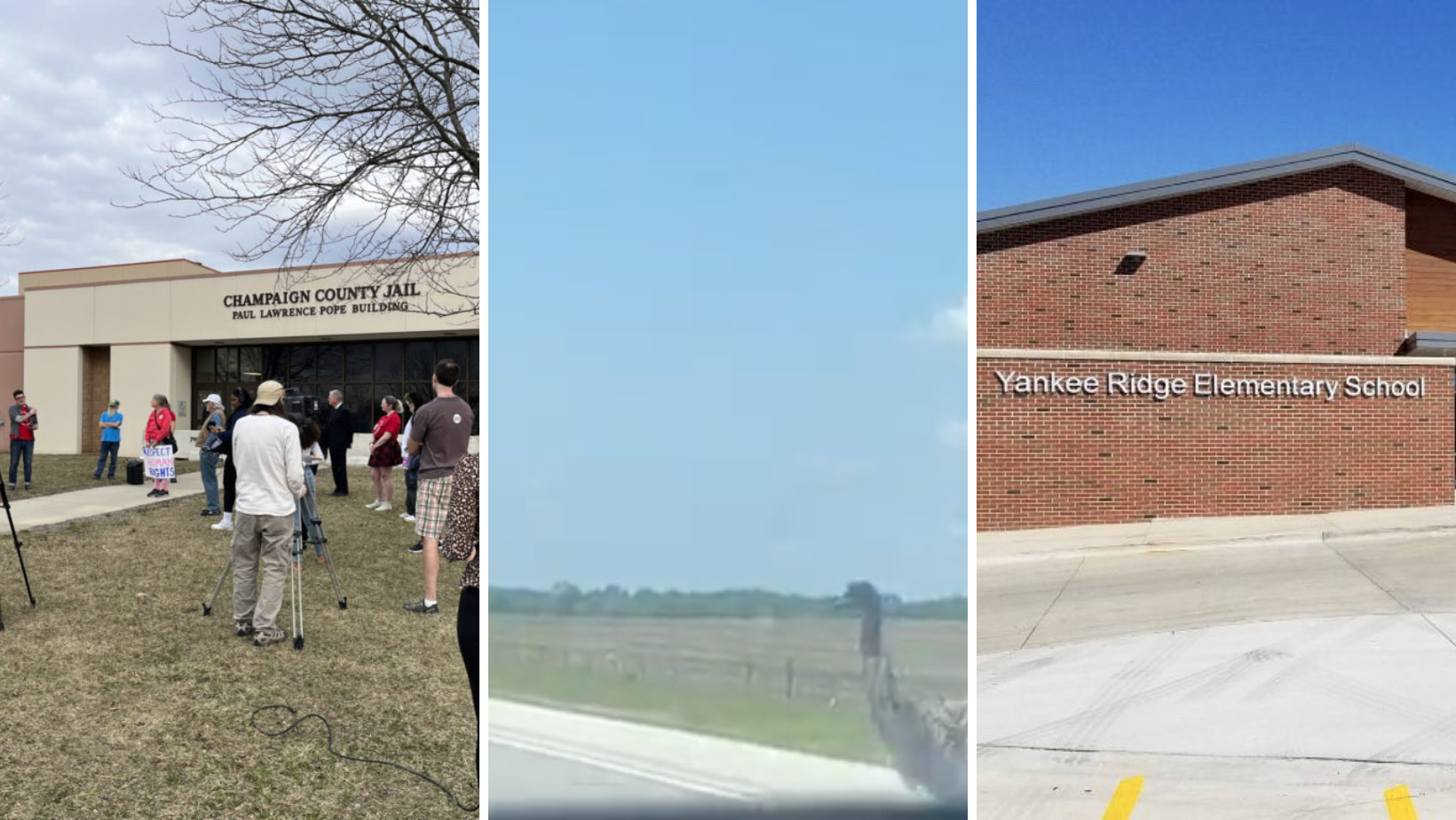 Three side by side images: a group of people gathered outside the Champaign County Jail, the emu running alongside a road, the front entrance of Yankee Ridge Elementary School