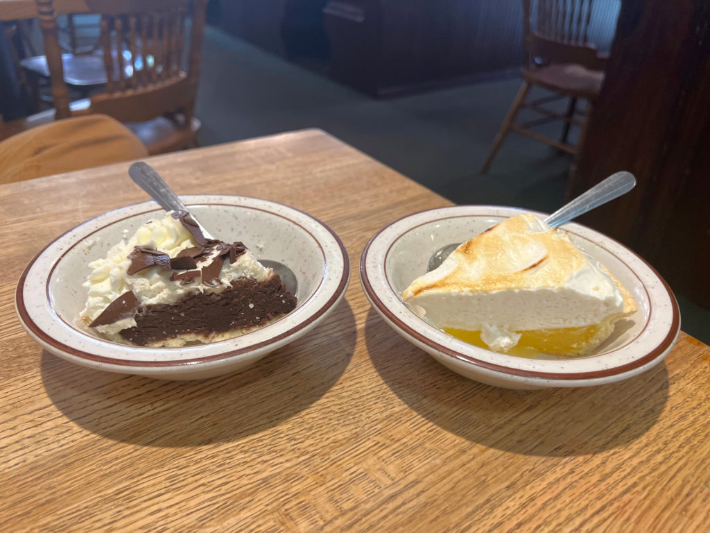 Chocolate silk pie and lemon meringue pie at Courier Cafe in Urbana.