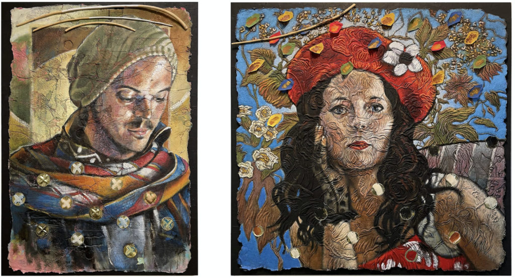 two photo collage; left is a white man in a beanie with a scarf looking down to the side. Right is a white woman with long brown hair in a red beret. There are flowers overlaying on top of her. 