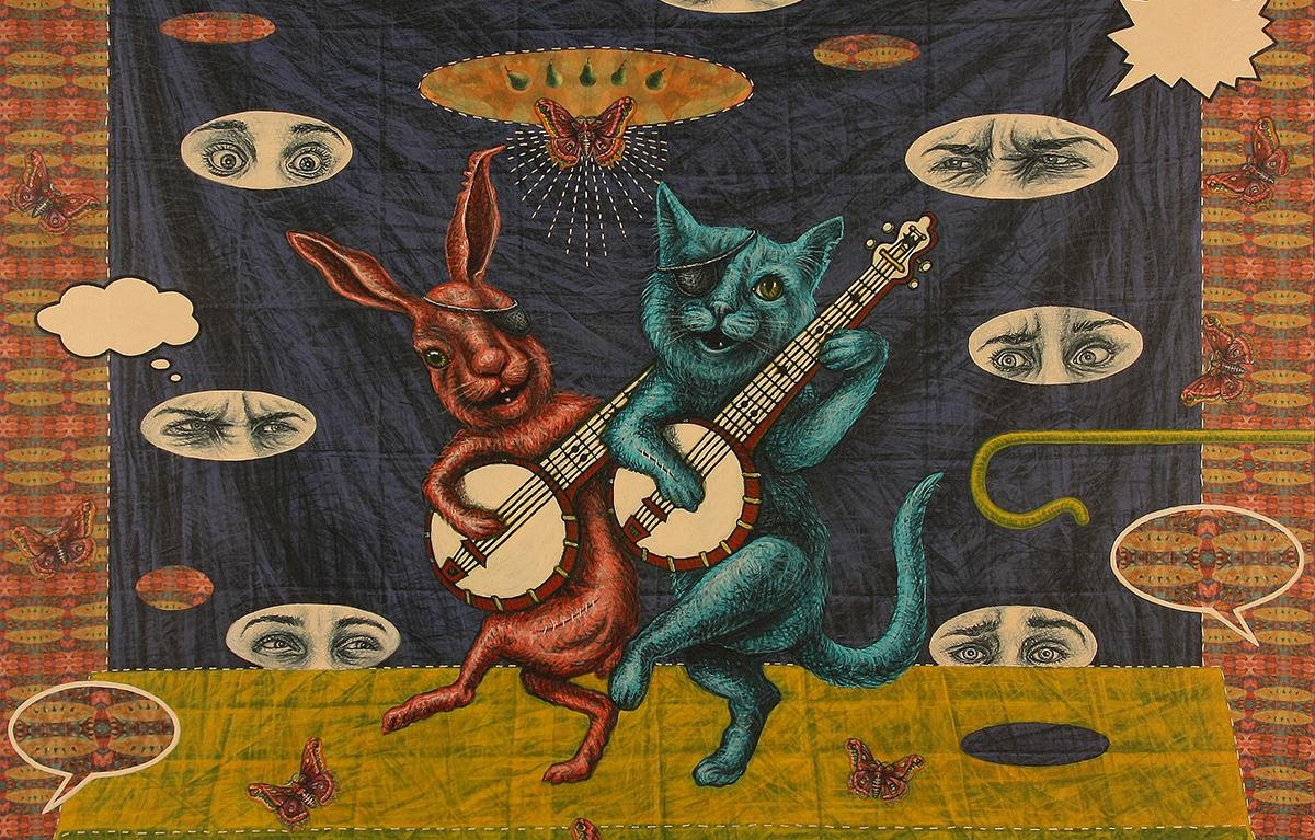 Painting on fabric depicting a cat and a rabbit playing banjos.