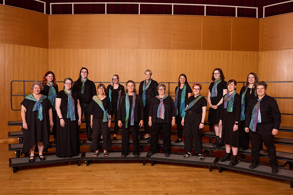 Fifteen women stand on performance risers on a stage. They are wearing all black, and have matching colorful scarves.