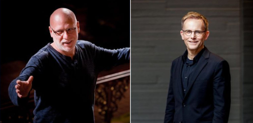 Photos of 2 men with dark shirts and glasses. In the photo on the left the man seems to be conducting a choir or orchestra. The man on the right is in front of a dark background.