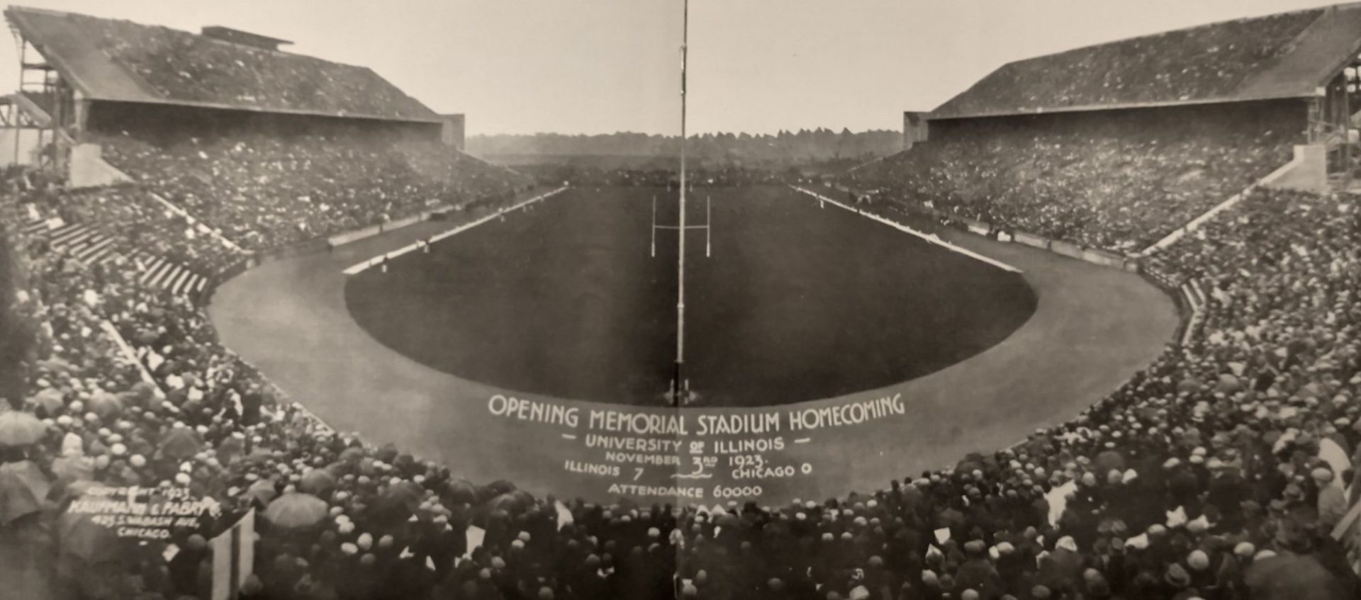 A sepia toned photo of Memorial Stadium in 1923.