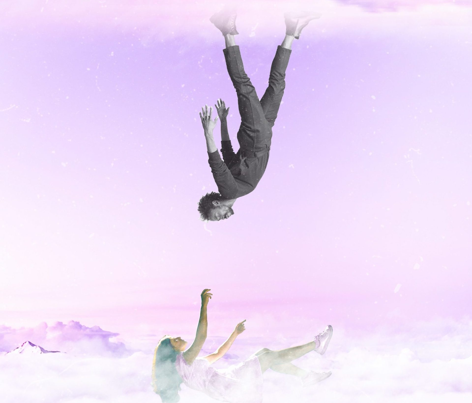 a light purple background simulating clouds. A Black man appears to be walking upside down with his eyes closed while a woman floats beneath him with her arms stretched upwards.