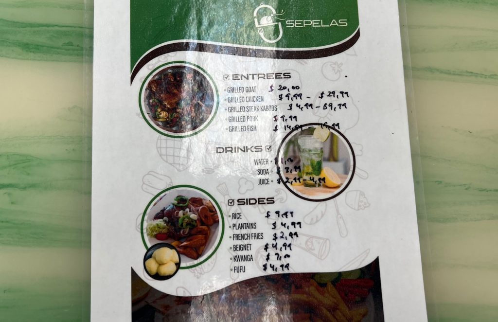 The menu at Sepelas restaurant.