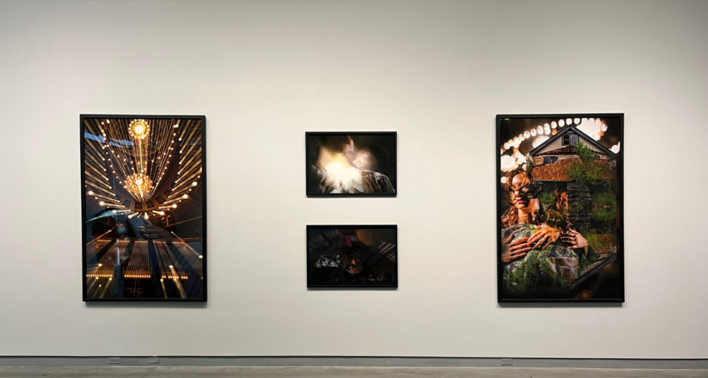 Four high-contrast photographs. Two large ones flank two smaller, stacked photos in the middle. They are high contrast, and you can see bits of light fixtures and some people in the imagery.