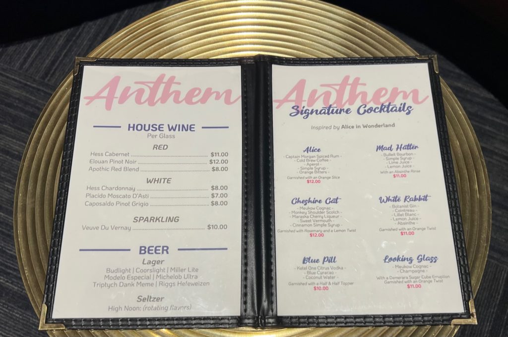 Menu of house wine, beer, and signature cocktails at Anthem.
