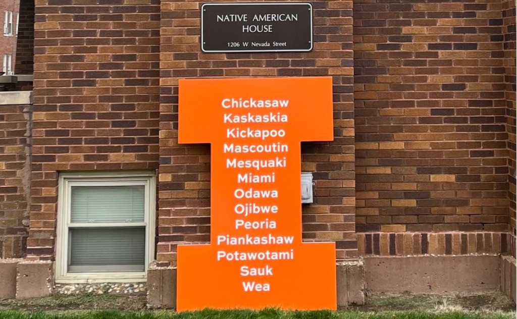 A giant block I in front of Native American House acknowledging the tribes on whose land we currently reside.