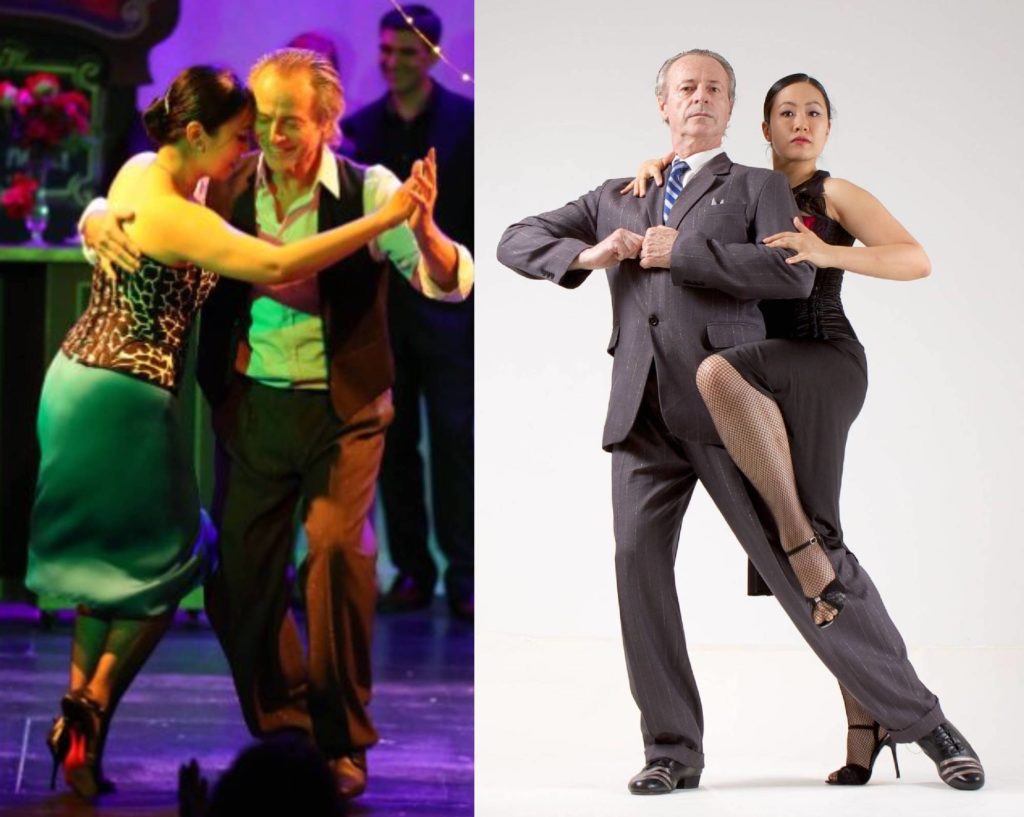 Side by side photos of Jorge Niedas and Liz Sung dancing tango. The left is a candid shot and the right is a staged studio shot. 