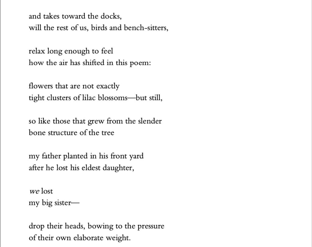 an excerpt from "A Kind of Purple" shows how the lines revealing his sister's death are significantly shorter than the rest that make up the poem.