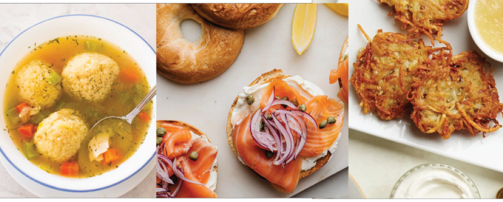 Three side by side images of a bowl of matzo ball soup, an open-faced bagel topped with cream cheese, lox, red onion, and capers, and a plate of latkes with a small bowl of applesauce.