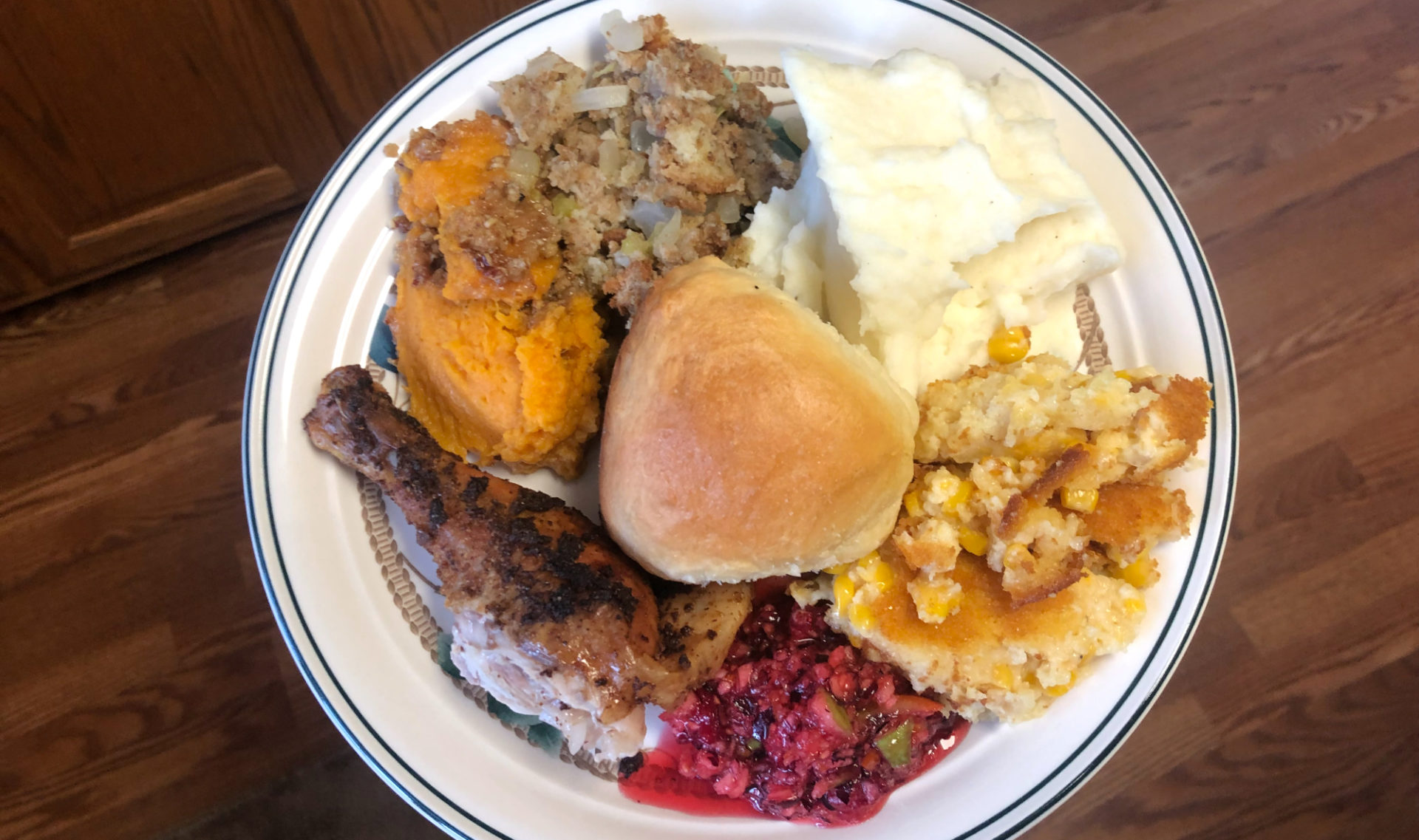 Thanksgiving plate of turkey plus sides.