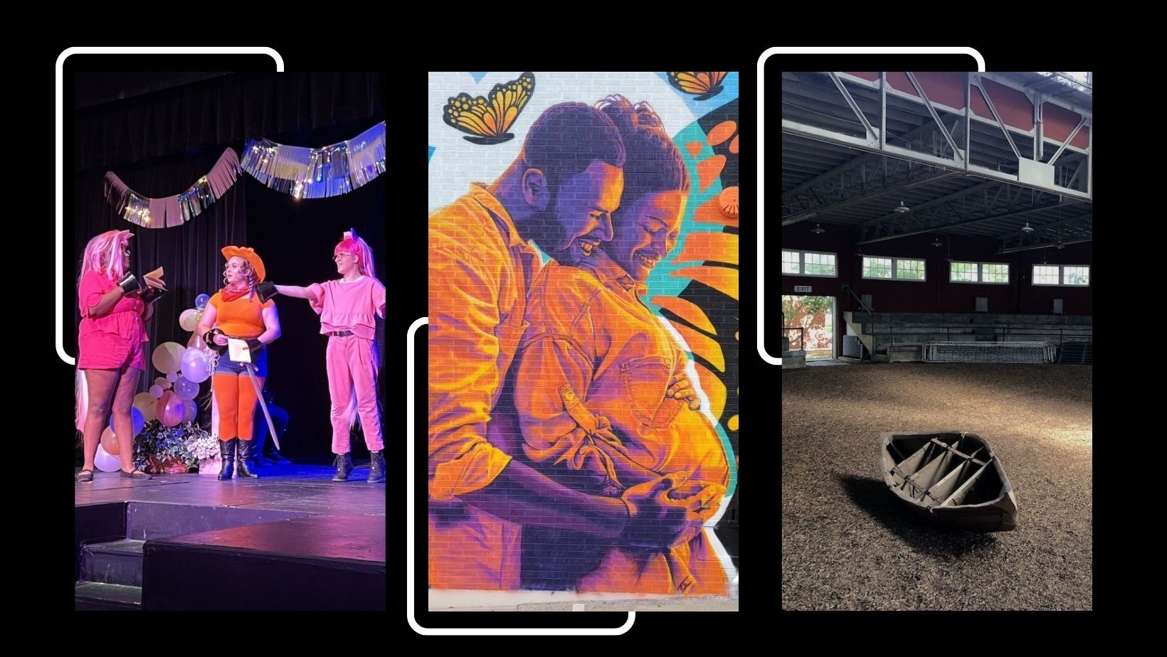 Three photo collage. Left cast members perform My Little Titus Andronicus; Center: an up close shot of Jose Vazquez's mural featuring a man hugging a woman and her pregnant belly from behind; Right: an empty boat lays on the ground of the stock pavillion ahead of CETACEAN.