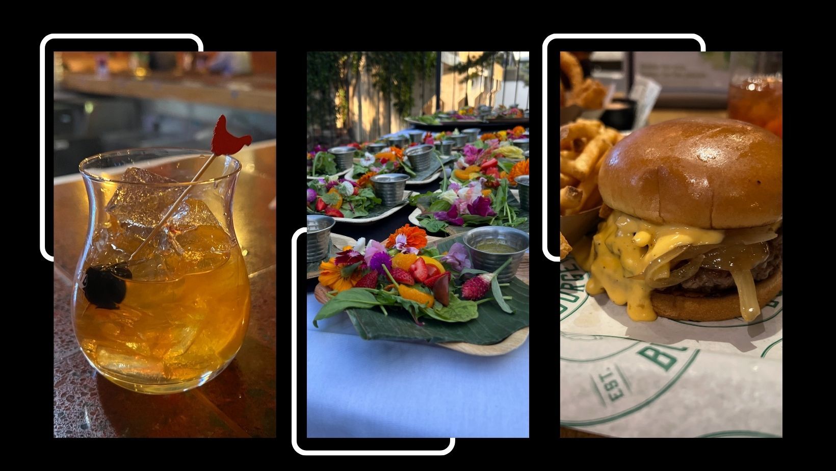 Three vertical photos on a black background: left is a cocktail with a red rooster toothpick; middle is a tablescape with plates with fruit and edible flower salad; right is a cheesburger.