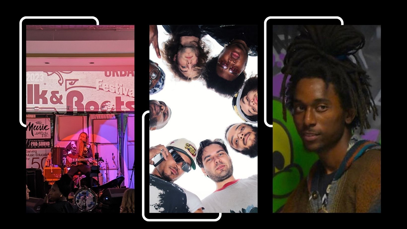 The collage consists of three photos. In the first, a musician strums a guitar on a stage, backdropped by pink and white hues. The second captures a group of individuals, some adorned with hats and scarves, forming a circle and peering downwards towards the camera. The third showcases an individual clad in a green jacket and a beanie, their dreadlocks visible.