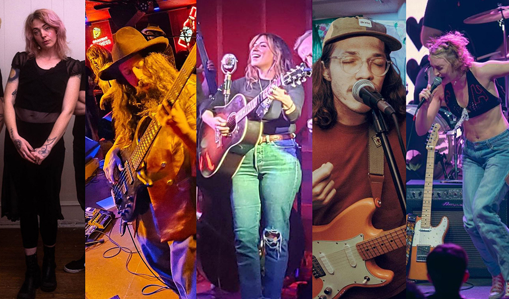 Five individuals appear in separate photos. All are on a stage with musical instruments. The individual on the left is attired in a black crop top and black pants. The next person is donning a large hat and a yellow coat. The central figure is dressed in a white shirt and blue jeans. The person to their right is in a red shirt and blue jeans. The individual on the far right is wearing a blue crop top and blue jeans. The backdrop is a red wall with a white window.