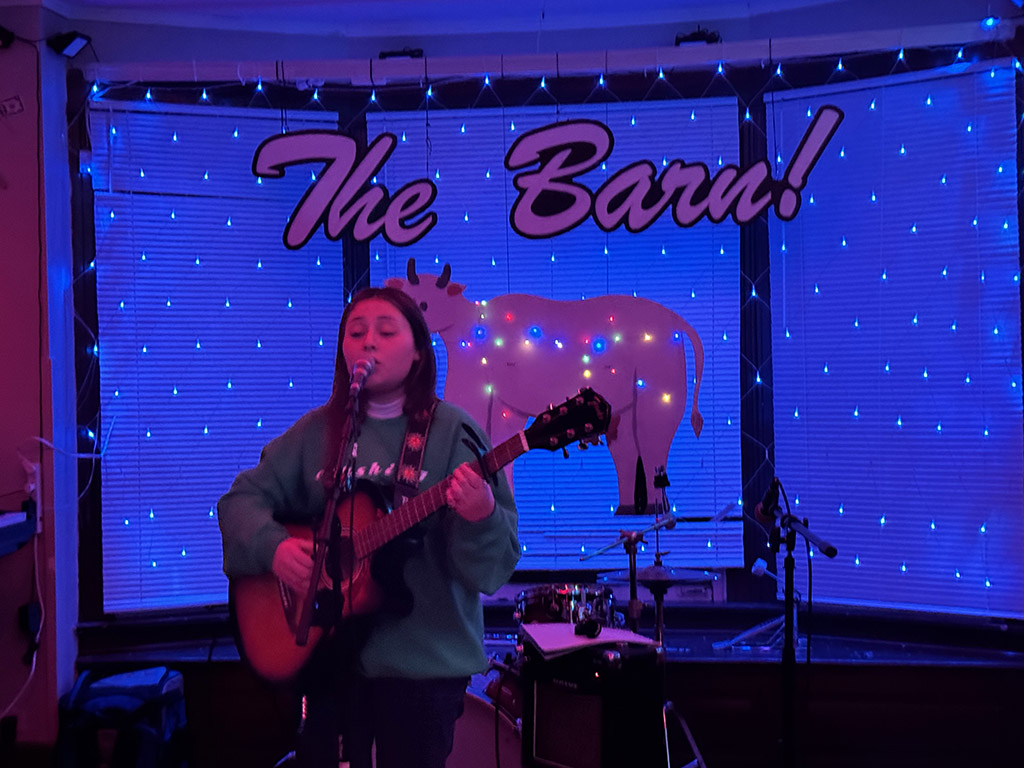 A female singer playing guitar and performing onstage in front of a backdrop that says "The Barn"