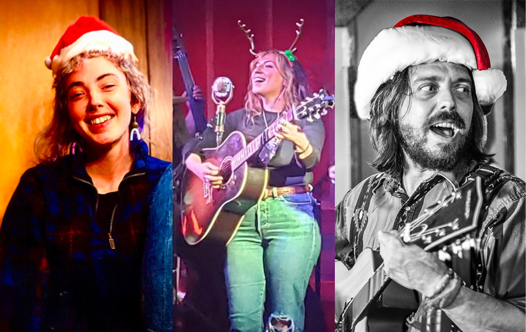 Three individual photos are of musicians. The two on the right are playing musical instruments. The individual on the left is adorned in a black shirt and a red Santa hat. The individual in the center is dressed in a green shirt and blue jeans, and is holding a guitar, wearing reindeer antlers. The individual on the right, also holding a guitar, is wearing a black shirt and a red Santa hat. The backdrop is a red curtain illuminated by stage lights. The image is in color, with the exception of the individual on the right, who is depicted in black and white.