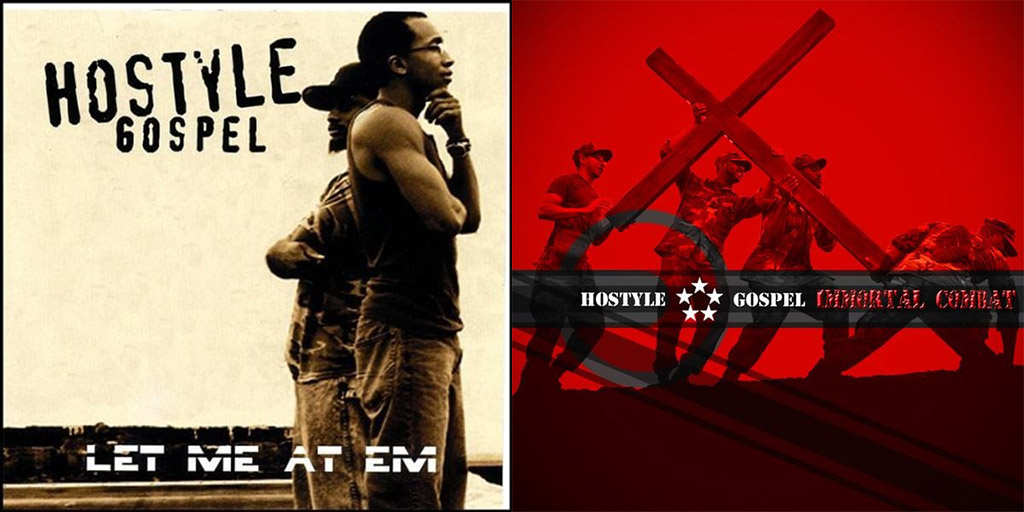 Two CD covers next to each other. The one on the left has a light background and features 2 men standing back to back. It says "Hostyle Gospel" near the top, then "Let Me At Them" near the bottom. The one on the right is a two tone red and black image of soldiers putting up a cross, and it says "Hostyle Gospel Immortal Combat"