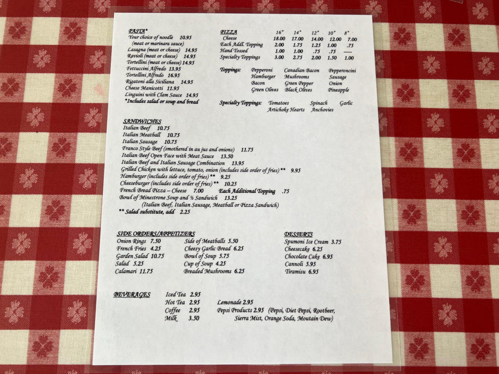 The lunch menu at Manzella's Italian Patio