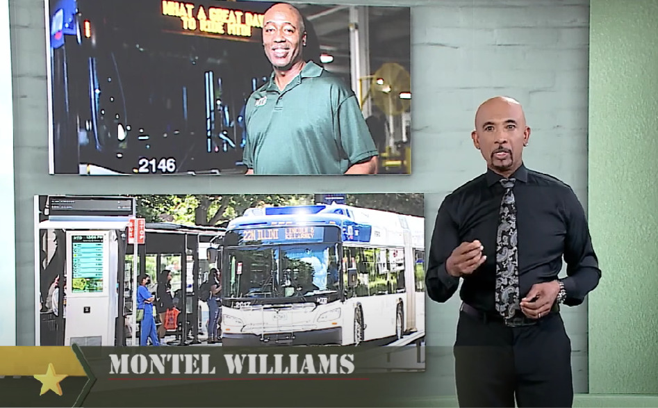 A screenshot featuring Montel Williams standing in front of images of an MTD bus, and a bus operator.