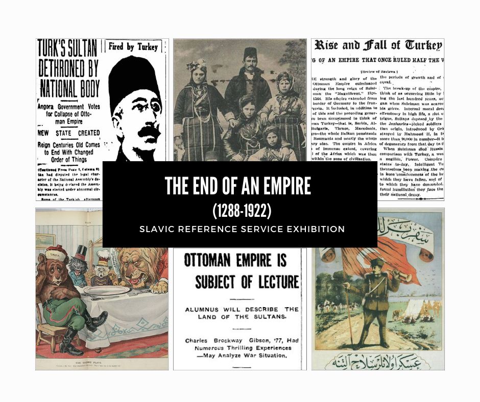 Images of newspaper clippings and art depicting topics related to the Ottoman Empire.