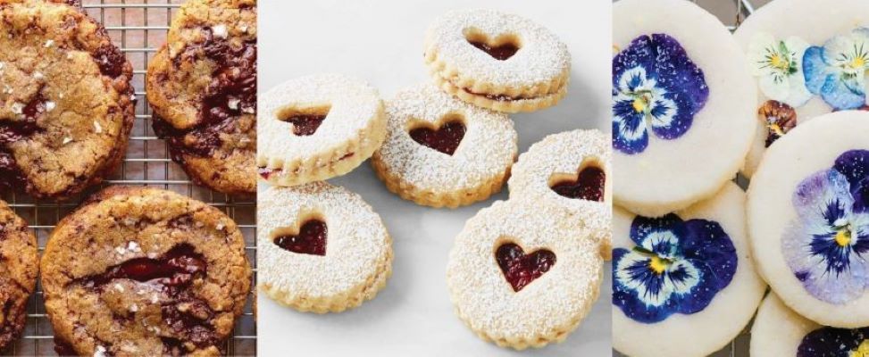 Side by side images of cookies: chocolate chunk, linzer cookies with red hearts in the center, round cookies with colorful pansies on them.