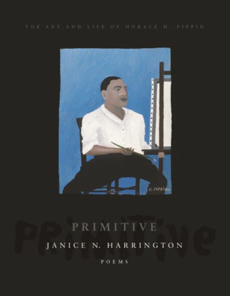A book cover. it is outlined in black with a small painted portrait of a Black man in a white shirt and black pants sitting in a chair next to a painting easel. The title Primative is visible in light grey font.