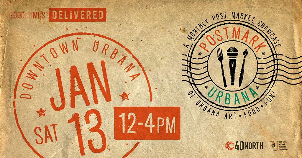 The image features a textured, beige background with various texts and logos indicating an event. There is a large circular stamp-like design on the left side, containing text that announces an event in Downtown Urbana on Saturday, January 13th from 12-4 PM. On the right side, there’s another logo for “Postmark Urbana”, described as a monthly post-market showcase of art, food, and fun. The background has a textured beige color resembling an old paper or cardboard. A large red circular stamp-like design is prominent on the left side with texts “Downtown Urbana” and “Jan Sat 13 12-4PM”. There’s another logo on the right side labeled “Postmark Urbana”, indicating it as a monthly post-market showcase. Texts “Good Times Delivered” are at the top of the image in capital letters. At the bottom right corner are logos for 40 NORTH and urbana arts grants program.