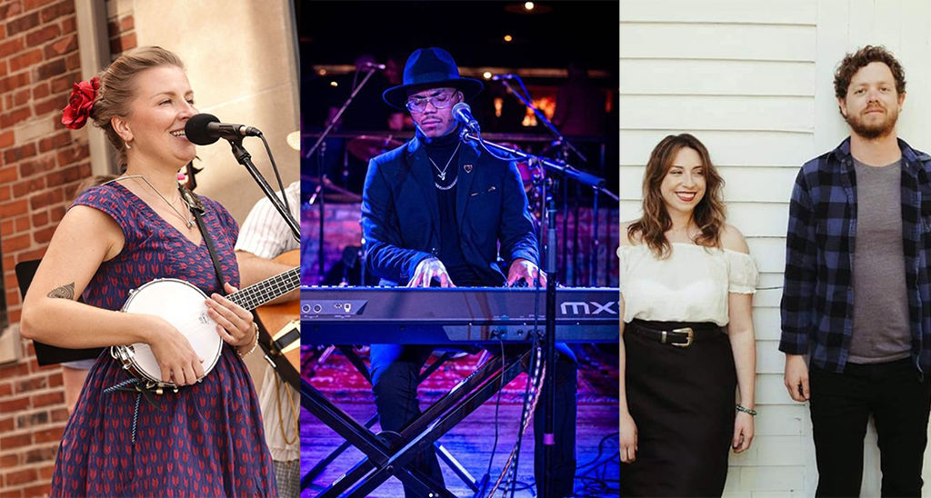 The image consists of three separate photos merged into one. The first photo on the left shows an outdoor setting with brick walls; it features a woman playing banjo. The woman is wearing a blue patterned dress and has adorned her hair with red flowers. In the middle photo, there’s an indoor setting possibly at night due to lighting; it features a man playing keyboards on stage. The man is wearing dark attire including hat and jacket, accessorized with necklaces. The third photo on the right shows two people standing side by side against white wooden wall background. The woman wears white blouse tucked into black skirt secured with belt while the man dons grey checkered shirt.