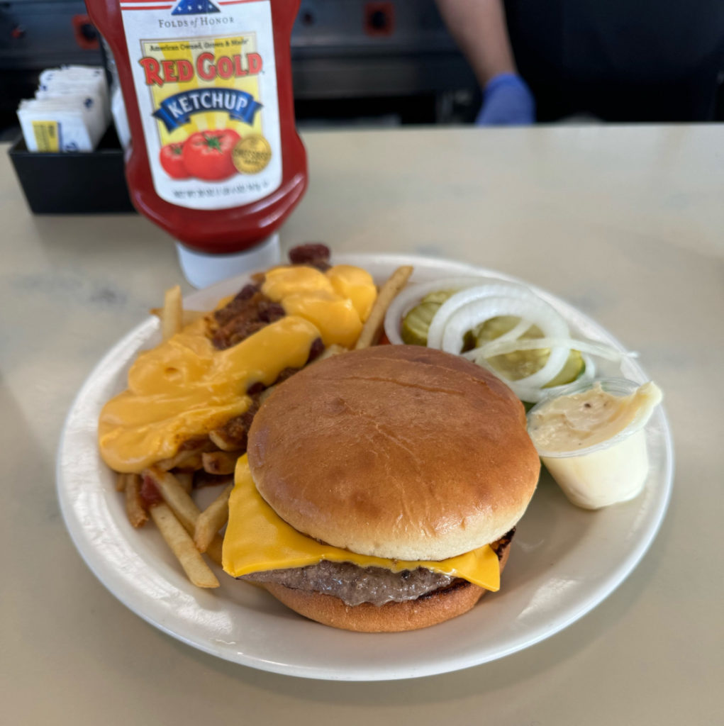 The cheeseburger and fries at Merry Ann's Diner.