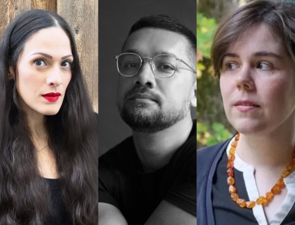Three portraits of authors (l-r): Cynthia Pelayo, a light skinned woman with long, dark hair and red lipstick; a black and white photo of Taymour Soomro, a light skinned brown man wearing glasses; Emily Maloney, a white woman with short brown hair and an orange necklace.
