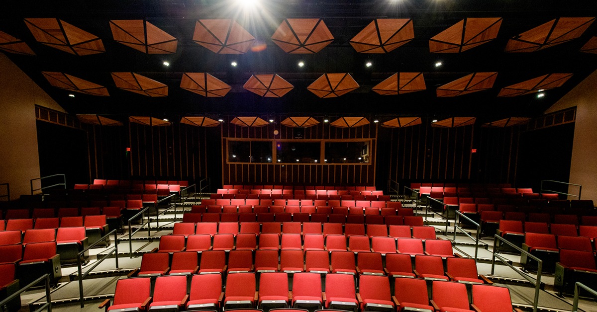 Several rows of red theater seats, separated by two aisle.