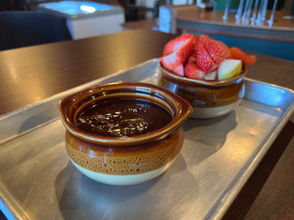 An order of chocolate fondue at Bread Co in Urbana, Illinois.
