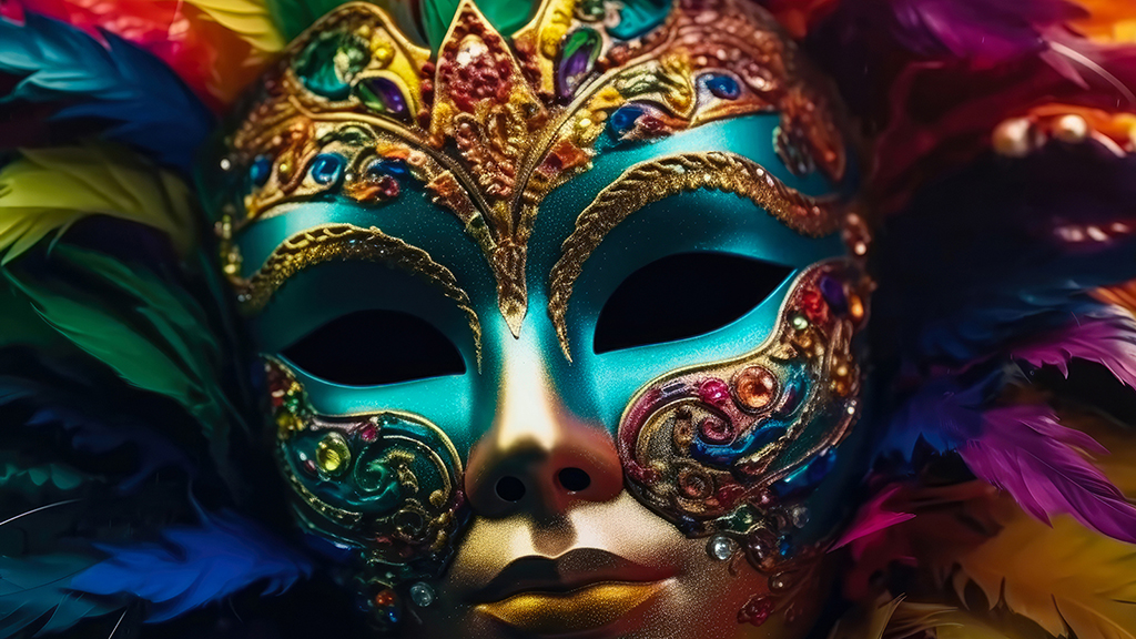 A brightly colored and adorned Mardi Gras mask. It doesn't appear that it's being worn by anyone