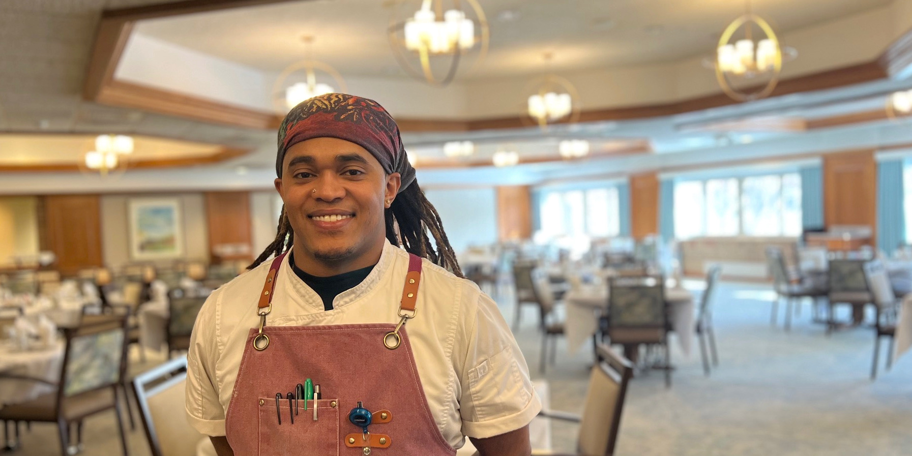 Chef DeAngelo Newson inside the dining room at Clark Lindsey Village in Champaign, Illinois.