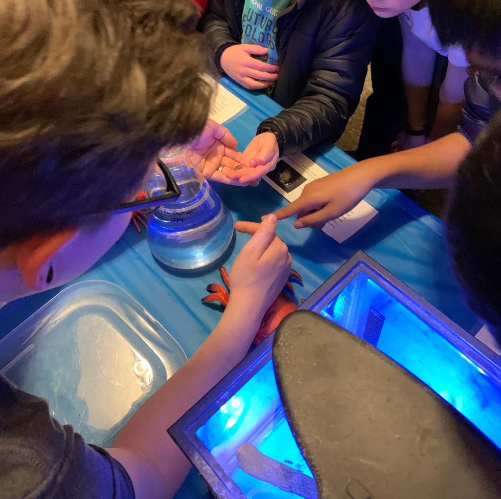 a Birds Eye view of two people standing over a table that is covered in instruments and has a blue light shining beneath it. Their hands are reaching towards each other and they are looking at the table. 