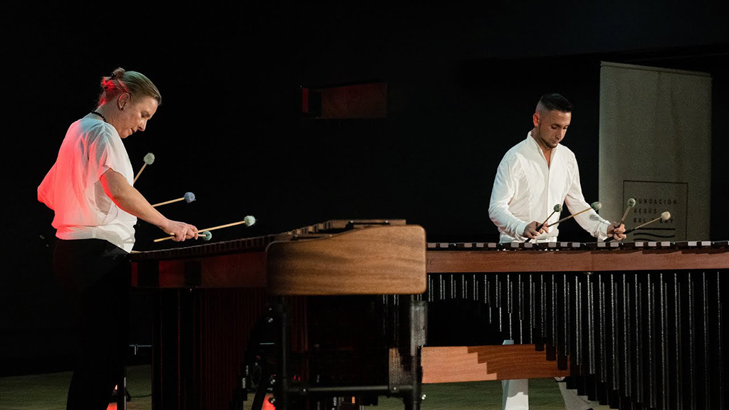 The image depicts two individuals engaged in a marimba performance. Both are focused intently on their instruments, with mallets in hands, poised to strike the wooden bars. They are standing opposite each other, each at their own marimba, in a setting that appears to be a dimly lit stage, spotlighting their presence and activity.

The individual on the left is wearing a white shirt with the sleeves casually rolled up to the elbows, paired with dark pants. Their hair is tied back, and their posture is slightly leaning forward, indicative of their concentration and the dynamics of the piece they are performing.

The individual on the right is similarly dressed in a crisp white shirt and dark pants, embodying the formal yet practical attire often worn by classical percussionists during a concert. The lighting casts soft shadows and highlights on the instruments, emphasizing the smooth wooden surfaces of the marimbas and the performers' movements.

Between them, a sense of symmetry and partnership in the musical endeavor is visible, reflecting the collaborative nature of their performance.