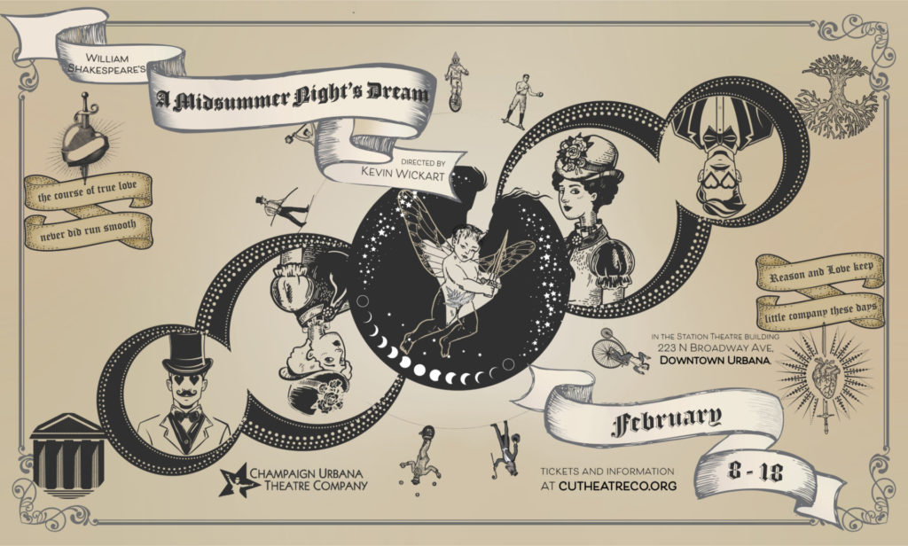 Beige and black graphic announcement for A Midsummer Night's Dream presented by the Champaign Urbana Theatre Company. Diagonally from the lower left to the upper right are a series of circles / half moons with drawings of different characters from the Shakespeare play, with text across the image declaring show information.