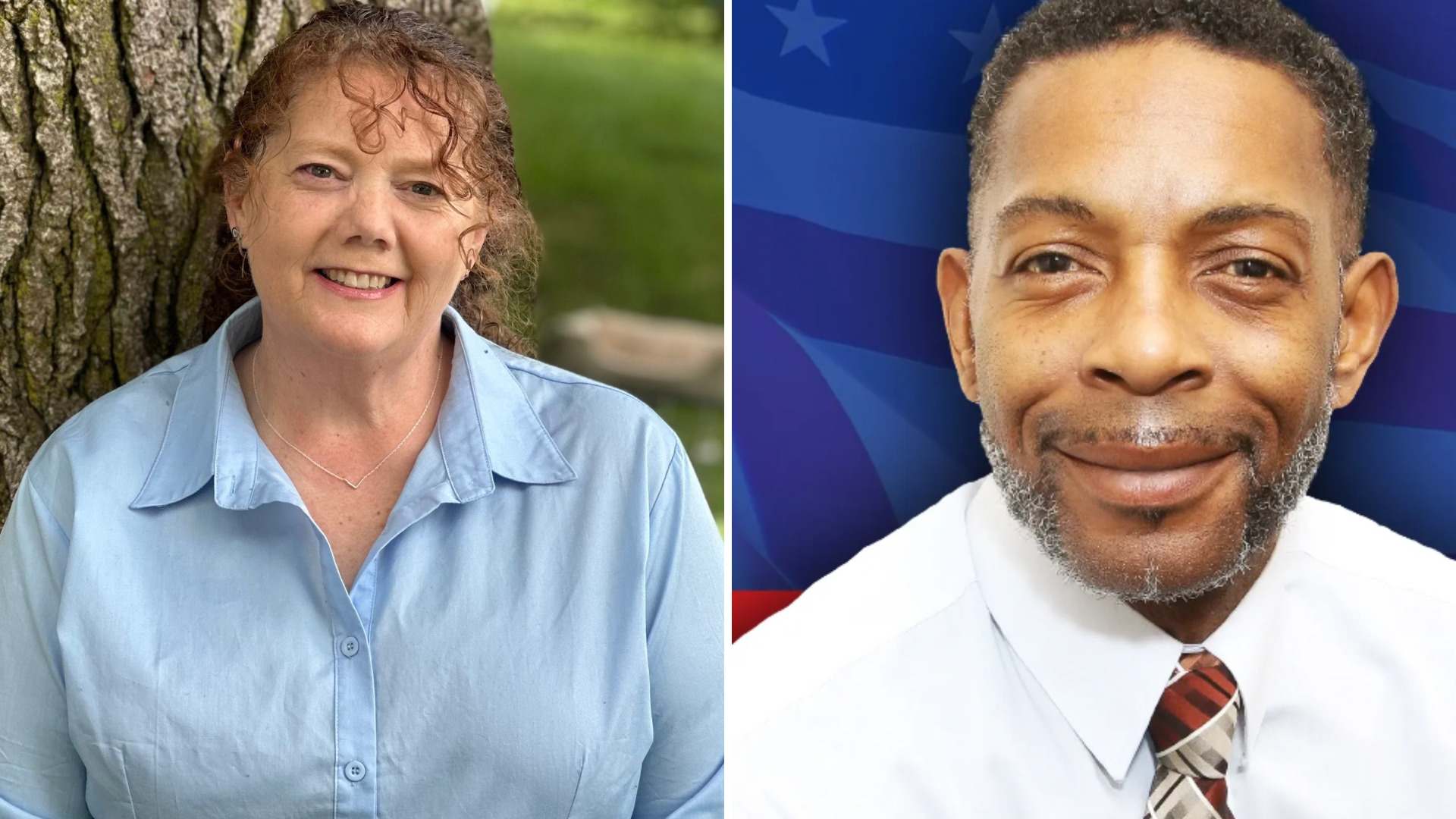 Side by side images of Laurie Brauer, a white womean with curly reddish hair and a blue collared shirt; and Seon Williams, a Black man with short black hair and a goatee, wearing a white collared shirt and patterned tie.